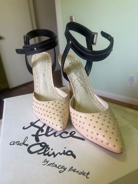 Alice and Olivia Nude Studded Pointed Pumps with Black Ankle Straps